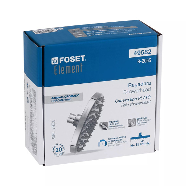 Regadera cromo 6" plato redondo, sin brazo, FOSET ELEMENT