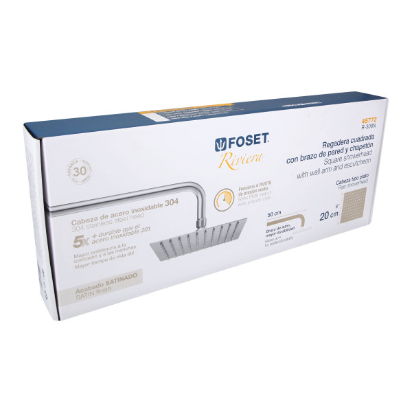 Regadera plato cuadrado 8" con brazo, satín, FOSET RIVIERA