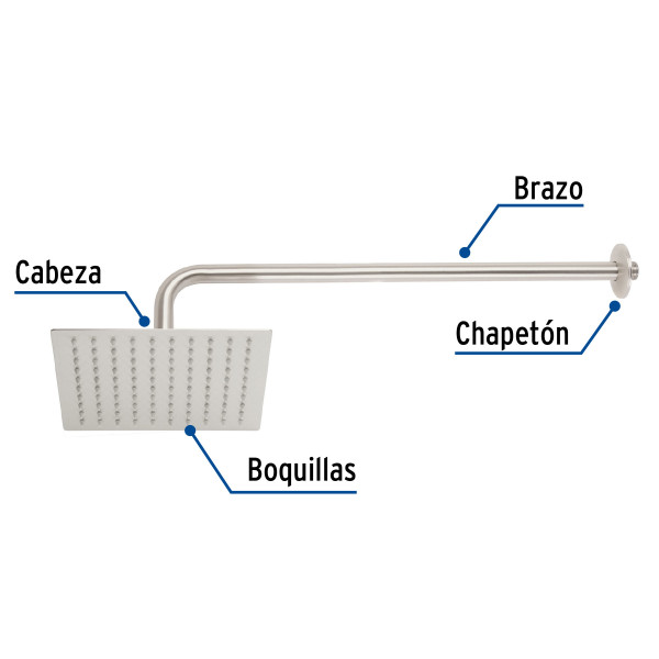 Regadera plato cuadrado 8" con brazo, satín, FOSET RIVIERA