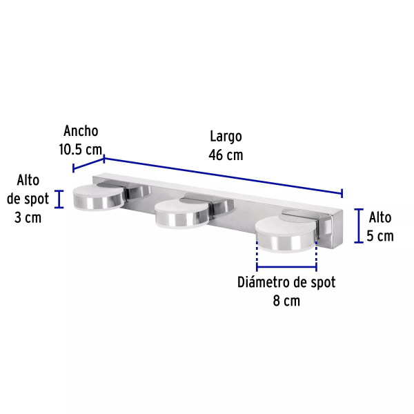 ‣ Luminario LED pared baño 10W 3 spots 4000K | Volteck