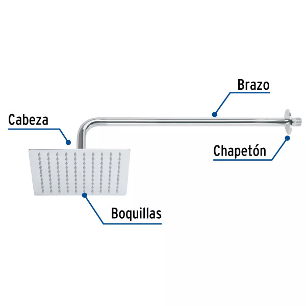 Regadera plato cuadrado 8" con brazo, cromo, FOSET RIVIERA
