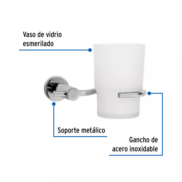 Portavaso cepillero cromo con vaso de vidrio, FOSET ELEMENT