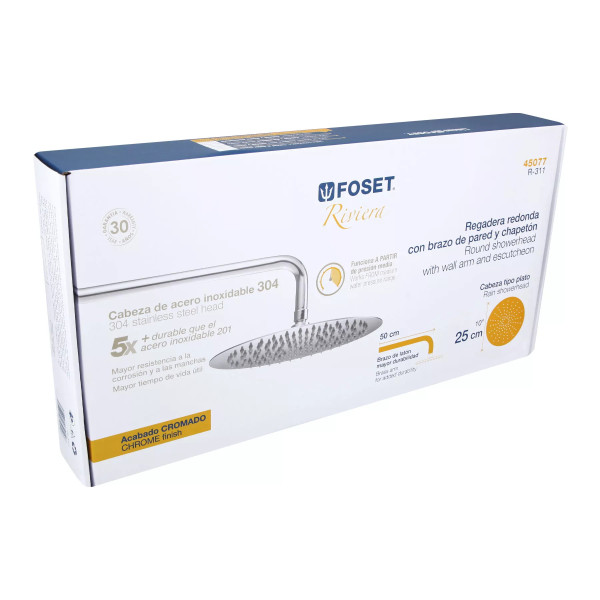 ‣ Regadera 10" con brazo, cromo, FOSET RIVIERA | Foset