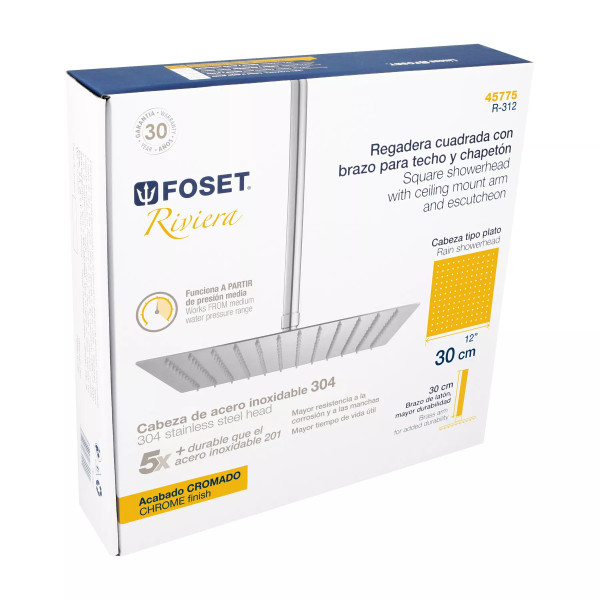 ‣ Regadera cuadrada 12" cromo FOSET RIVIERA | Foset