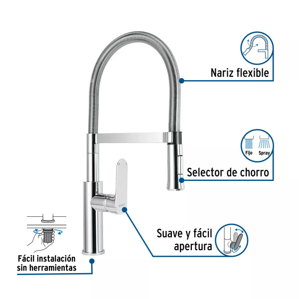 Monomando nariz flexible para fregadero, cromo,FOSET RIVIERA
