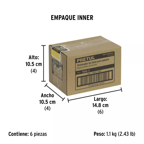 Blíster 2 terminales p/batería, latón poste superior, Pretul