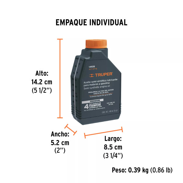 Aceite semi-sintético, 4 tiempos, 400 ml (14 oz), Truper
