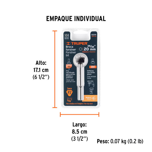 Broca forstner 20 mm para madera, TRUPER