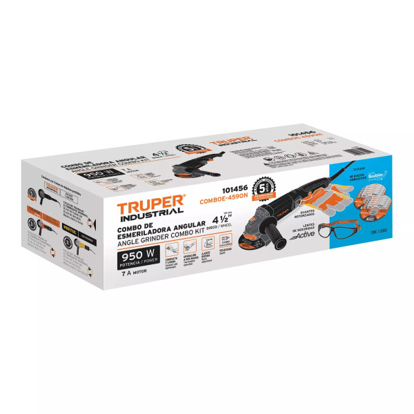 Combo Pulidora Esmeriladora 4-1/2' 950 W, Discos, Lentes Y Guantes