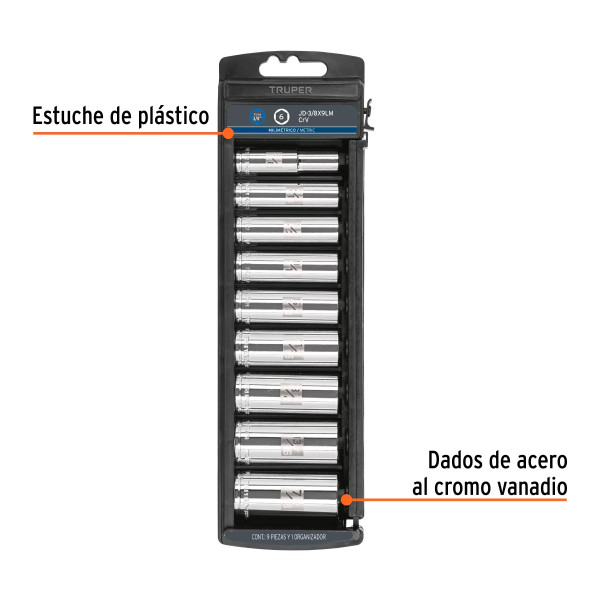 Juego De 9 Dados Largos Cuadro 3/8' Mm, Truper