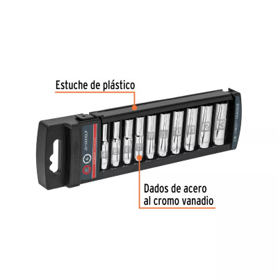 Juego De 10 Dados Largos Cuadro 1/4' Mm, Truper