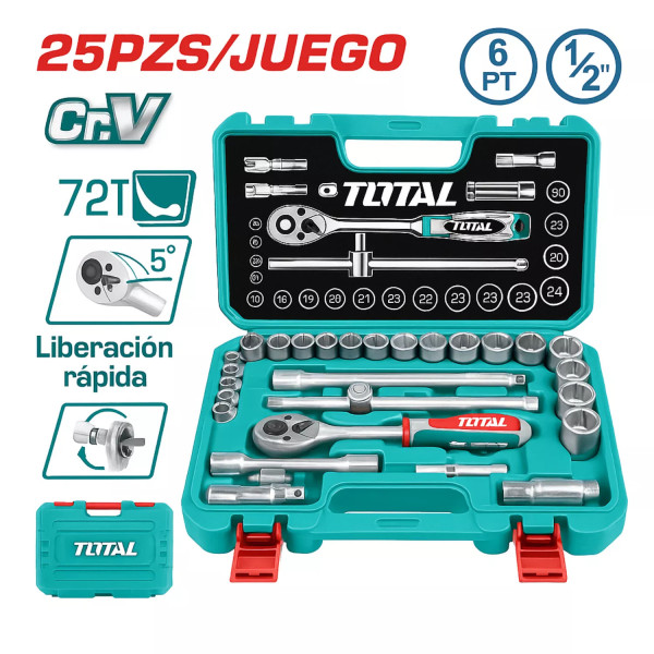 ‣ Juego de Ratchet 1/2” TOTAL 25 Piezas Profesional | FERRETODO