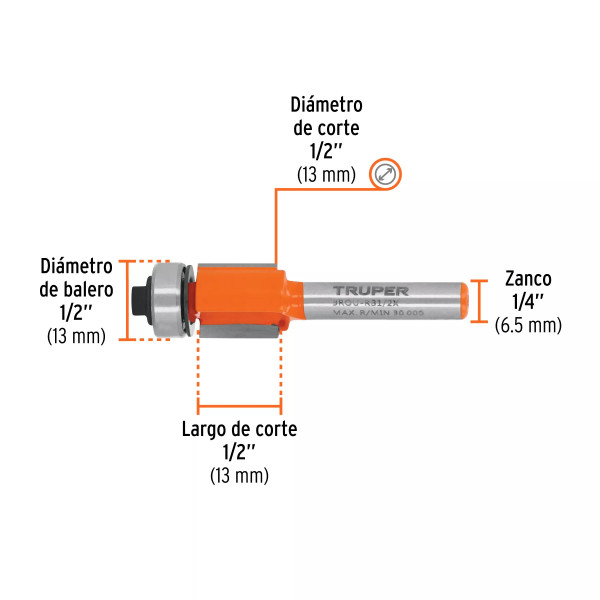 ‣ Broca para router 1/2" con balero, corte recto | Truper