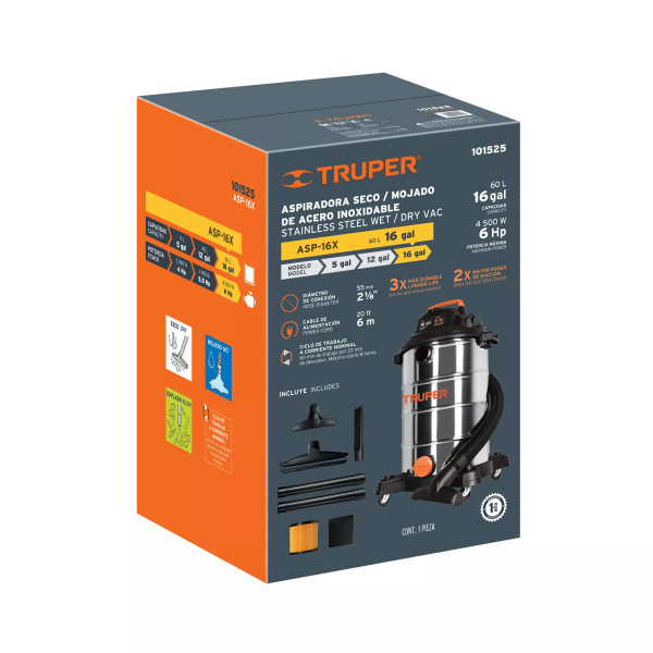 ‣ Aspiradora sólidos y líquidos 16 gal, acero inox... | Truper
