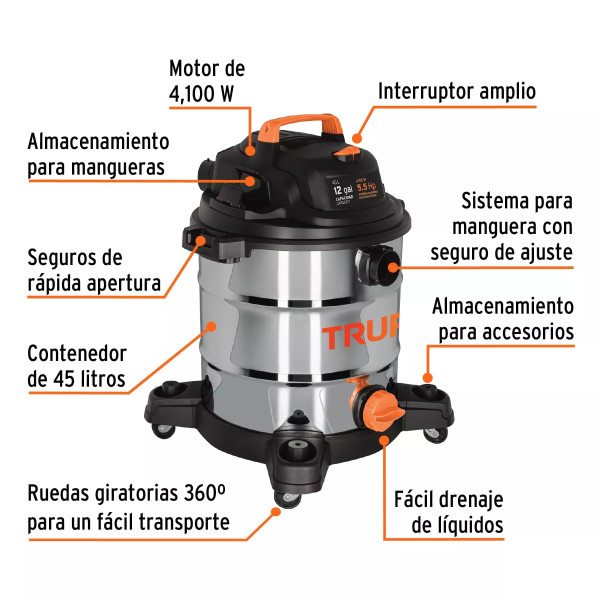 ‣ Aspiradora de sólidos y líquidos 12 gal, acero inox... | Truper