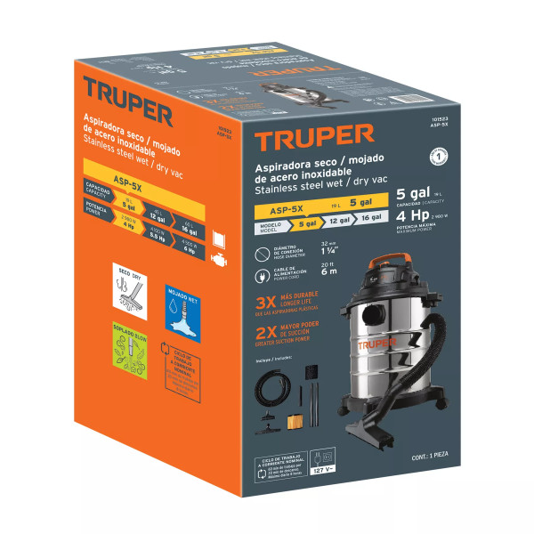 ‣ Aspiradora sólidos y líquidos 5 gal, acero inox | Truper