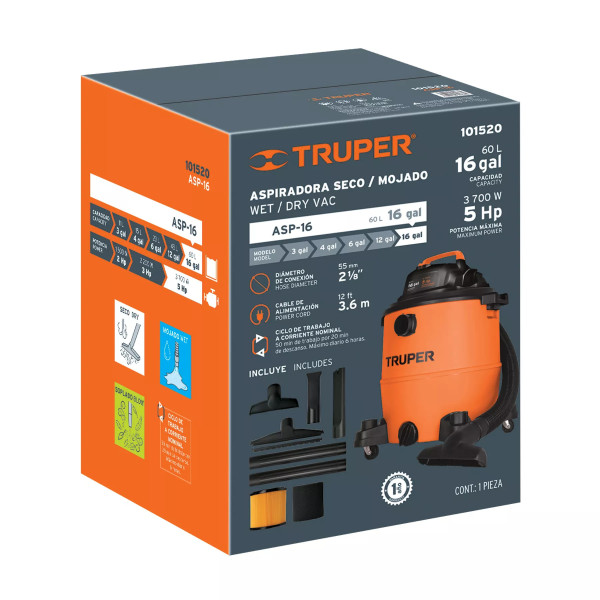‣ Aspiradora sólidos y líquidos 16 gal, plástica | Truper