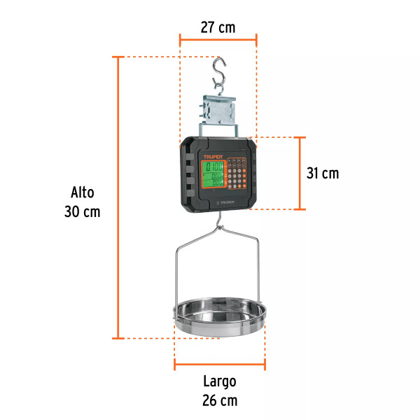 Báscula electrónica colgante, recargable, c/charola, 40 kg