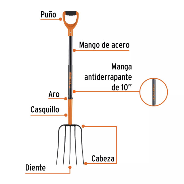 Bieldo para paja, 5 dientes, mgo de acero 37", puño "Y"