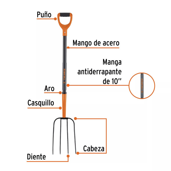 Bieldo para paja, 4 dientes, mgo de acero 37", puño "Y"