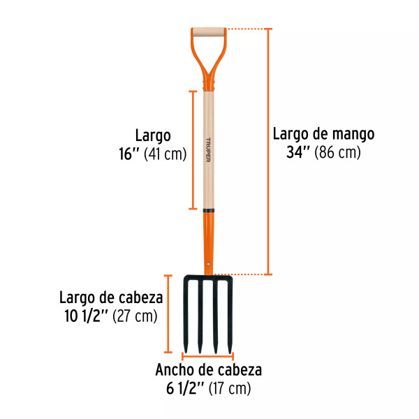 Bieldo para jardín, 4 dientes, mgo 34", puño "Y", Truper