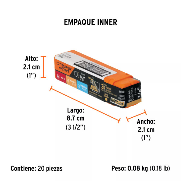 Broca HSS 1/8" Trugold para metal, Truper Expert