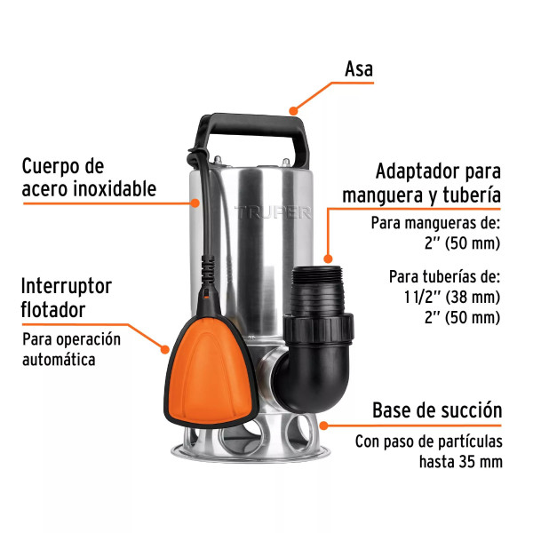 Bomba sumergible acero inoxidable, agua sucia, 1 HP, TRUPER