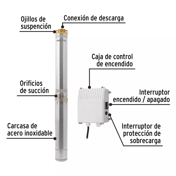 Bomba sumergible tipo bala, 2HP, uso agrícola, PRETUL