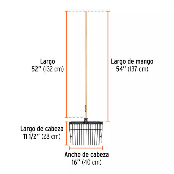 Bieldo para estiércol, 16 dientes, mango 54",cabeza plástica