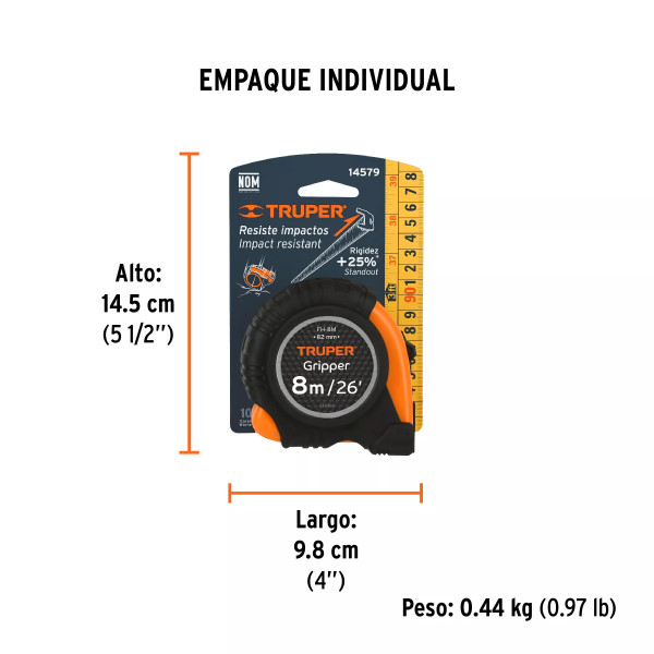 Flexómetro Gripper Contra Impactos 8 M Cinta 25 Mm, Truper | Flexómetros / Cintas Metricas Ferreterias Ferretodo