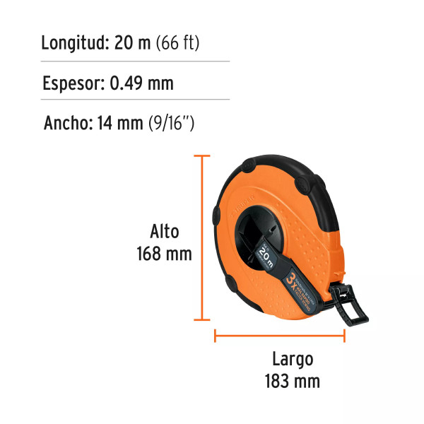 Cinta Larga 20 M de Fibra de Vidrio, Carcasa Plástica | Flexómetros / Cintas Metricas