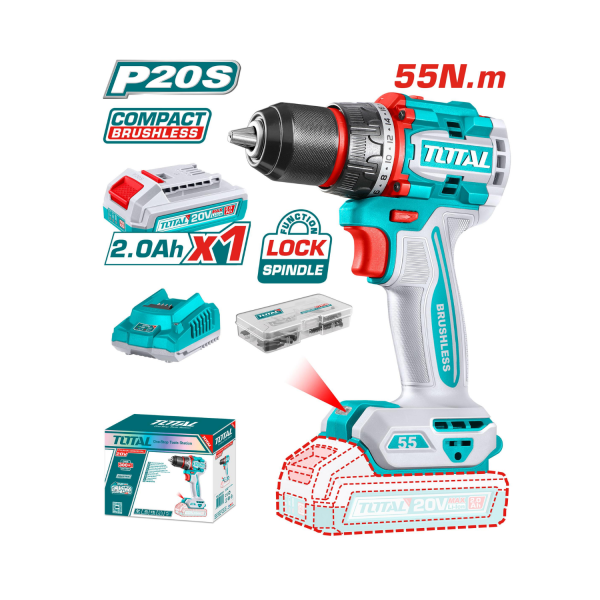 ‣ Taladro inalámb... 20V 1/2” 55NM c/carg y 1 bat | Total