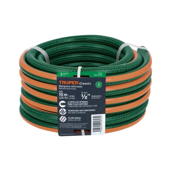 Manguera de jardín 1/2", 3 capas, 10m, sin conexiones TRUPER