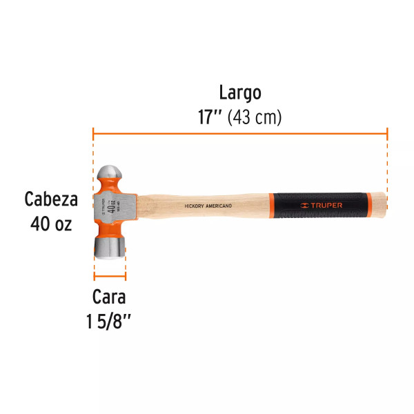 Martillo Pulido De Bola 40 Oz Mango Hickory, Truper Grip | Martillos y Mazos Ferreterias Ferretodo