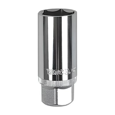 Vaso para bujías YATO de 21 mm con entrada 1/2", fabricado en acero CrV resistente. Ideal para mantenimiento automotriz