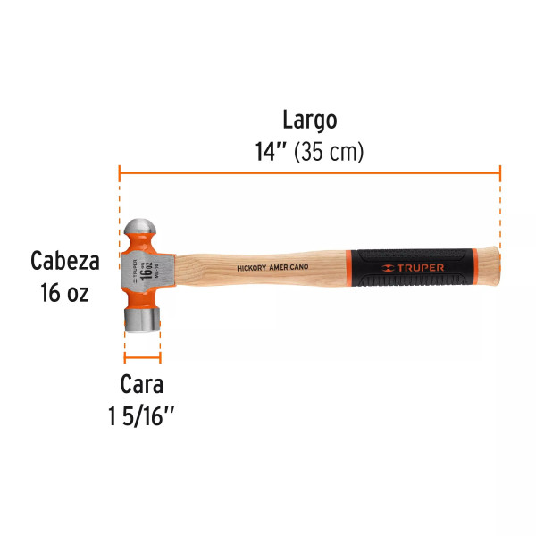 Martillo Pulido De Bola 16 Oz Mango Hickory, Truper Grip | Martillos y Mazos Ferreterias Ferretodo