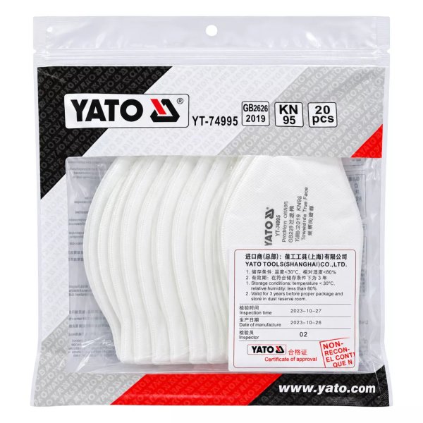 Mascarilla de protección respiratoria YATO tipo KN95, fabricada con material filtrante multicapa de color blanco. YT-74995