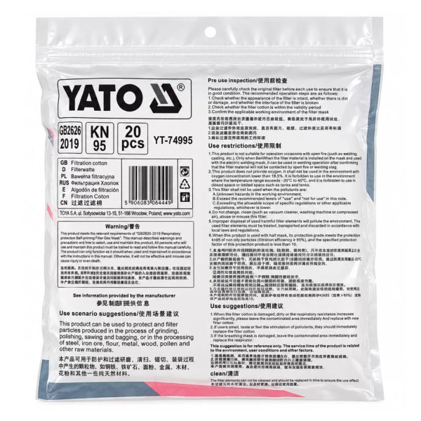 Mascarilla de protección respiratoria YATO tipo KN95, fabricada con material filtrante multicapa de color blanco. YT-74995