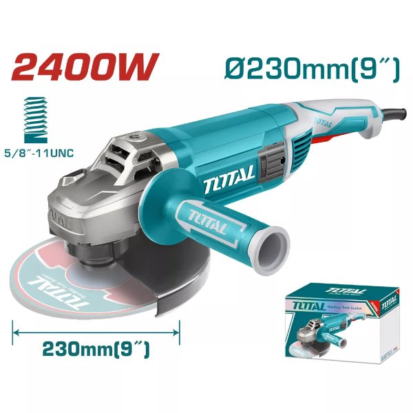 Esmeriladora angular eléctrica TOTAL de 9" (230 mm), potencia de 2400W, voltaje de 110-120V y velocidad sin carga de 6,400 RPM.