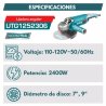 Esmeriladora angular eléctrica TOTAL de 9" (230 mm), potencia de 2400W, voltaje de 110-120V y velocidad sin carga de 6,400 RPM.