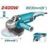 Esmeriladora angular eléctrica TOTAL de 9" (230 mm), potencia de 2400W, voltaje de 110-120V y velocidad sin carga de 6,400 RPM.