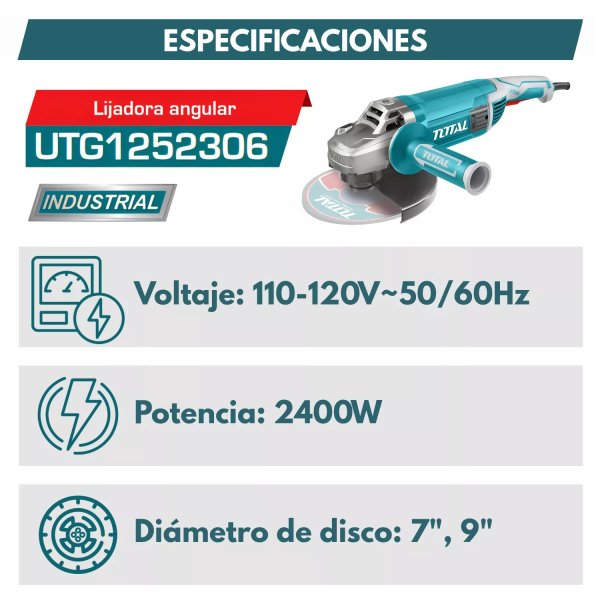 Esmeriladora angular eléctrica TOTAL de 9" (230 mm), potencia de 2400W, voltaje de 110-120V y velocidad sin carga de 6,400 RPM.