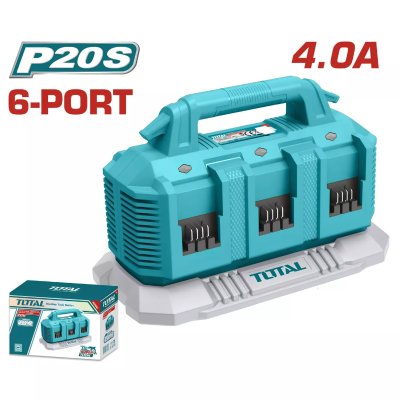 Cargador rápido de baterías TOTAL de 20V con 6 puertos y corriente de salida de 4A.