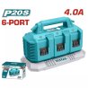 Cargador rápido de baterías TOTAL de 20V con 6 puertos y corriente de salida de 4A.