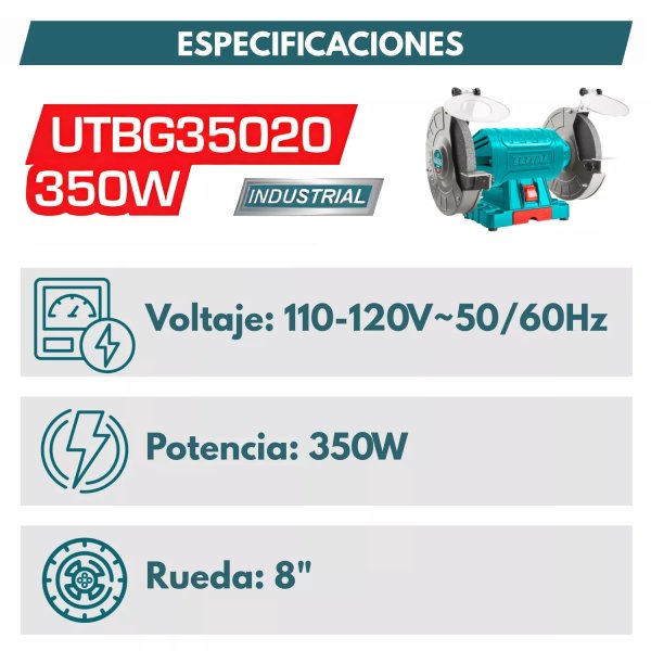 Esmeril de banco eléctrico TOTAL Industrial de 350W, voltaje de 110-120V, frecuencia de 50/60Hz