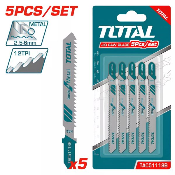 Cortes precisos y eficientes en metal con las Hojas para Sierra Caladora TOTAL de 50 mm y 12 TPI.