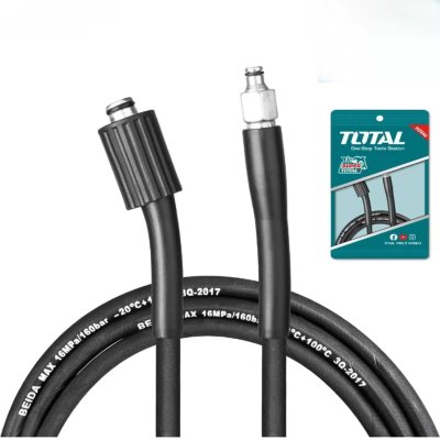 Manguera TOTAL de alta presión, 5 metros de longitud, PVC flexible y conexión rápida para hidrolavadoras compatibles.