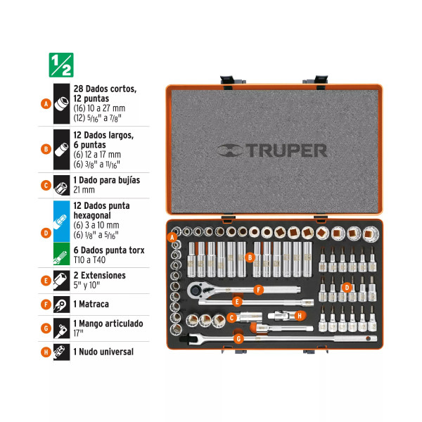 Juego De 64 Herramientas Cuadro 1/2' Std Y Mm Para Mecánico | Llaves de precisión