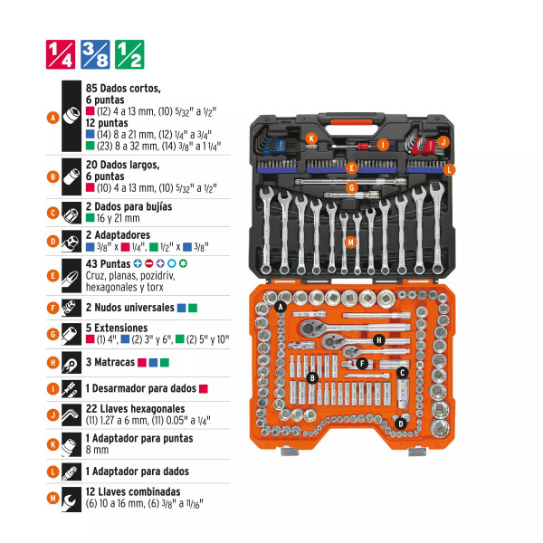 Juego 199 Herramientas 1/4', 3/8' Y 1/2' Std Y Mm P/Mecánico | Llaves de precisión