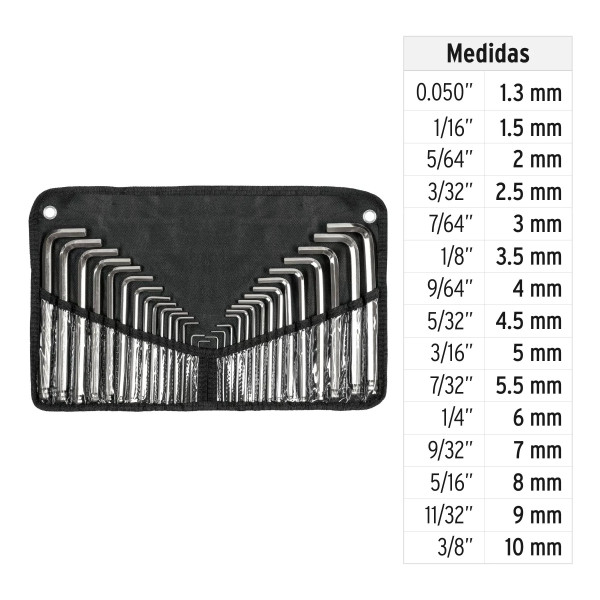Juego 30 Llaves Allen Largas Std Y Mm Punta Bola, Estuche